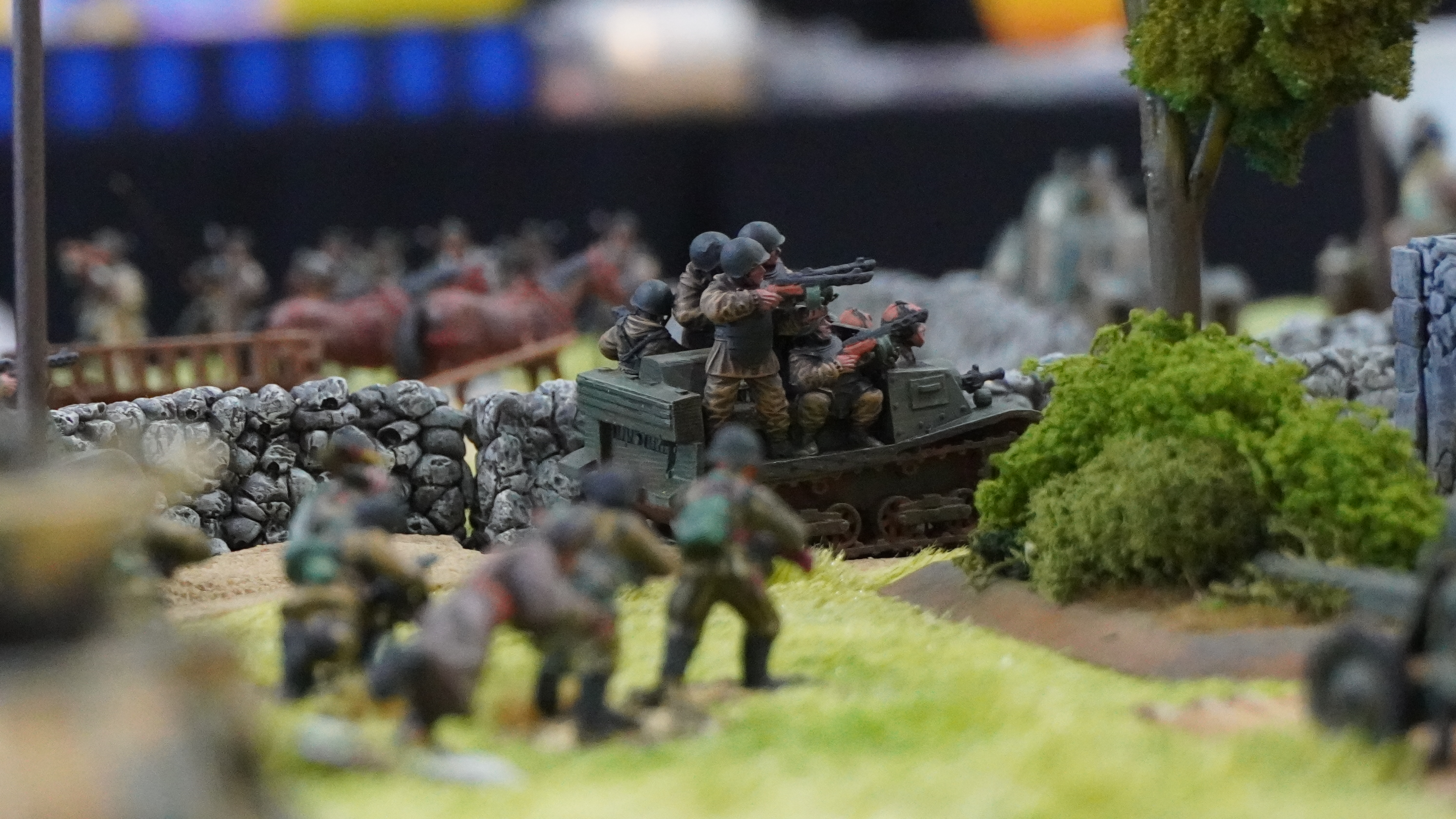 World War II wargames setup with detailed models and scenery